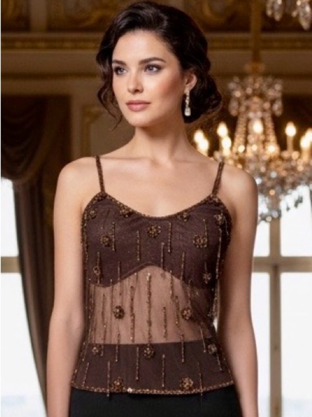 Sheer hand Beaded Brown/copper Camisole Tank Top stretch fabric. NWT. Size SM